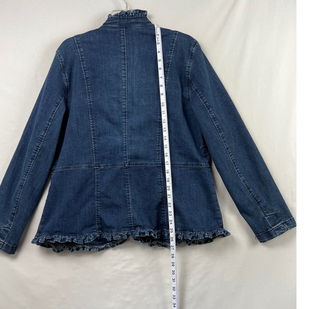 Peck & Peck Denim Jacket Womens Large Blue Ruffle Military Gold Button Stretch - Picture 5 of 9